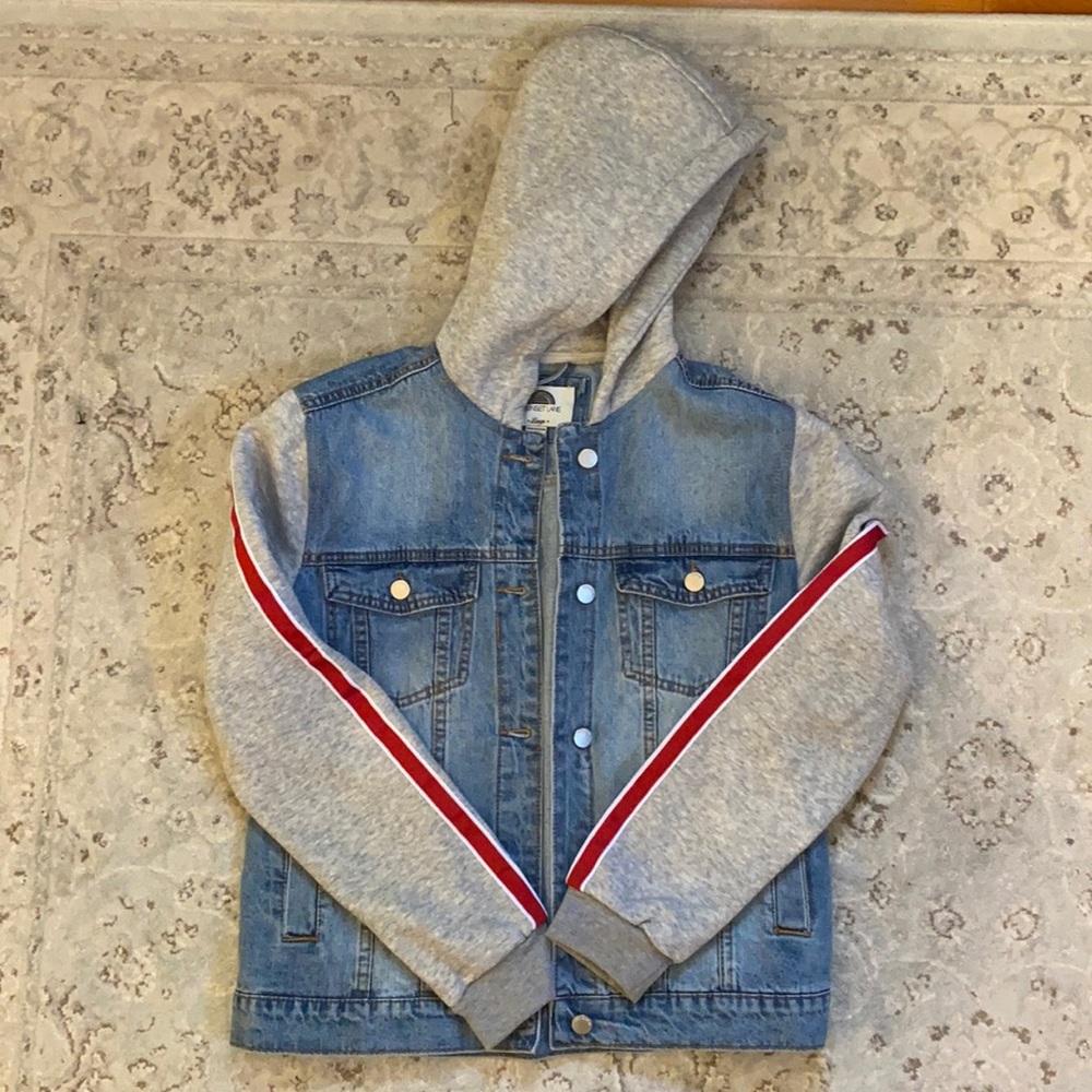 Woman’s large denim jacket with hoody arms and hood
